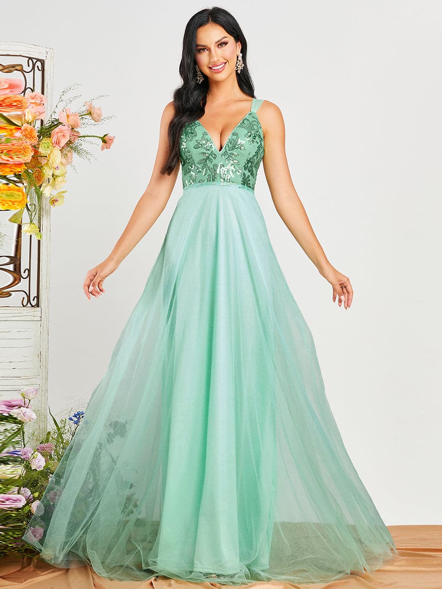 A-Line Panel Deep V Neck Tulle Green Prom Dress