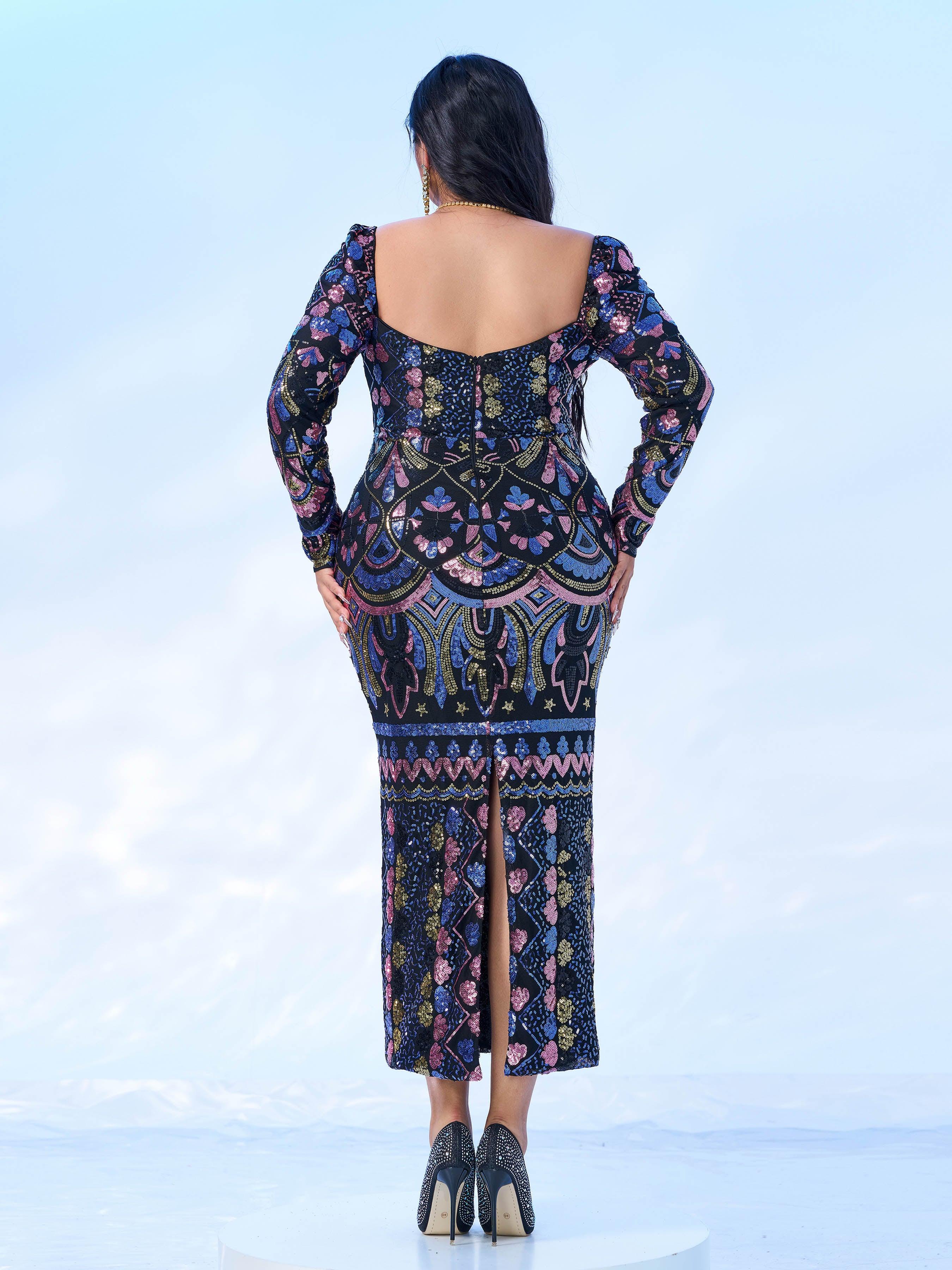 Plus Square Neck Sequin Split Midi Dress PRM20830 - MISS ORD