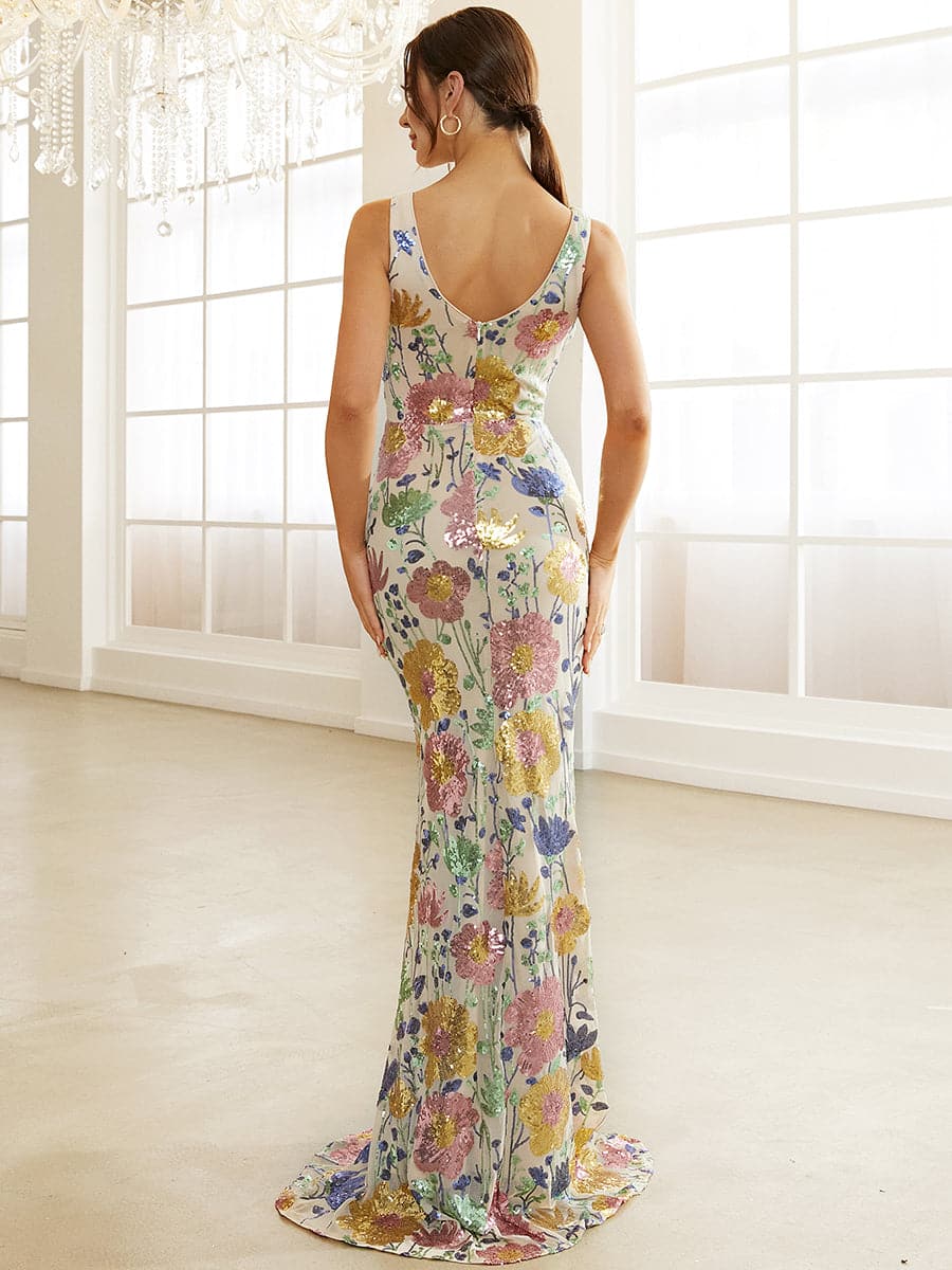 Formal V Neck Sequin Floral Maxi Dress 