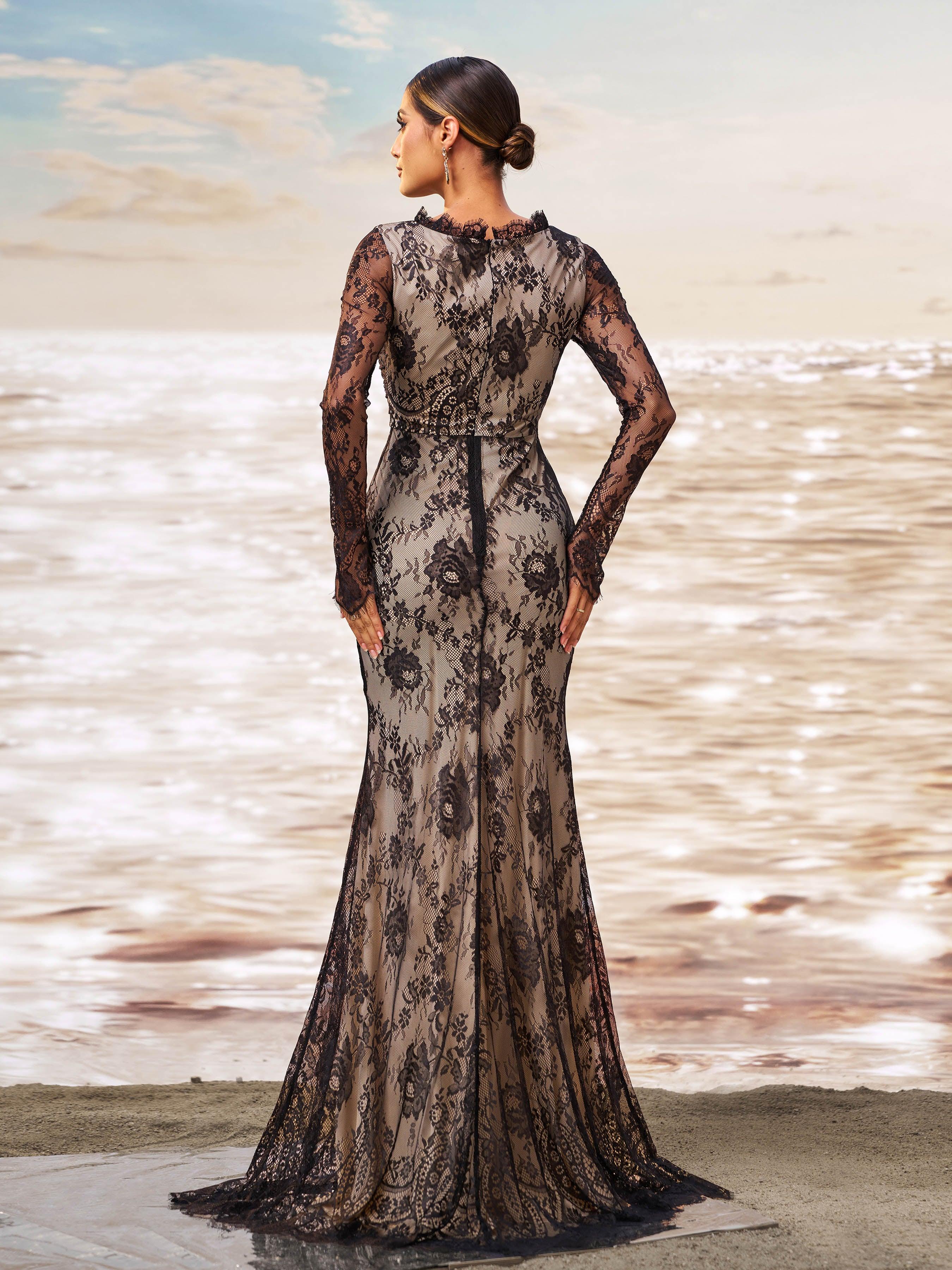 Romantic Floral Lace Long Sleeve Formal Dress RJ12063 - MISS ORD