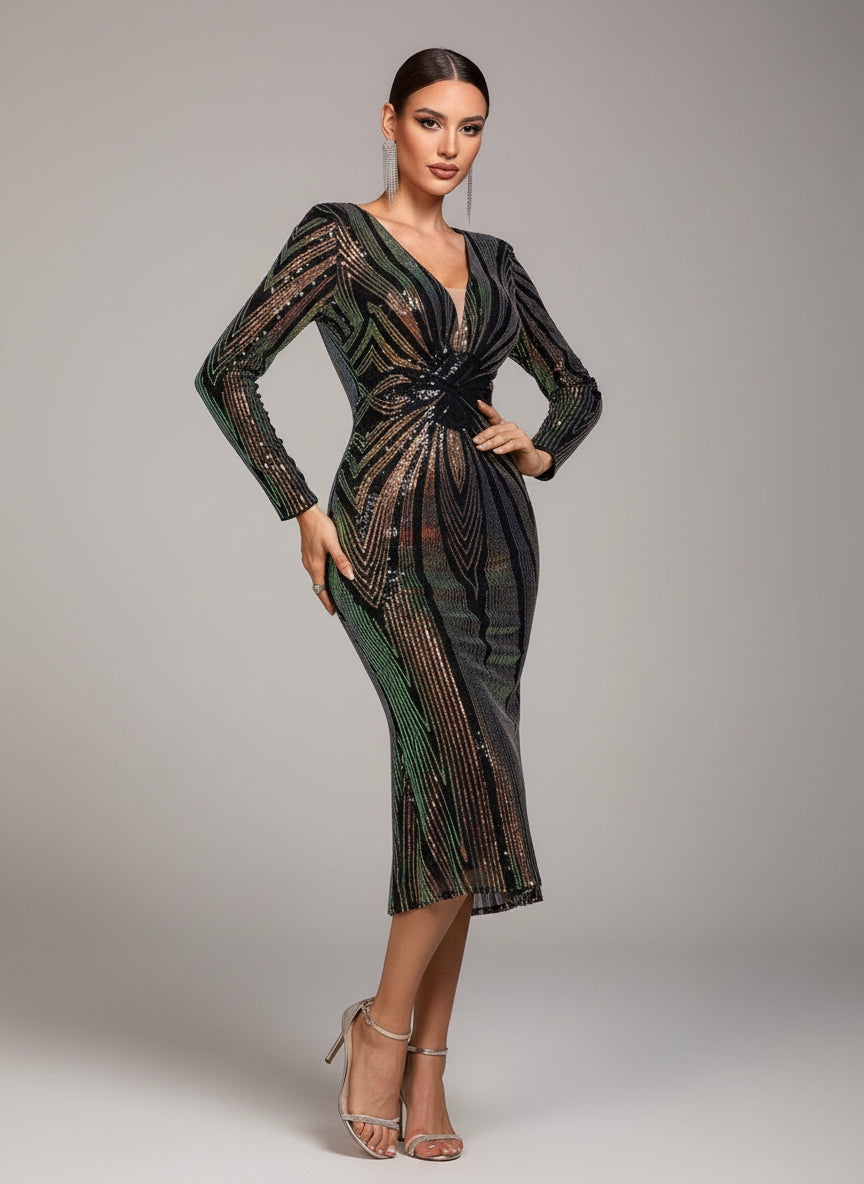 Plunging V-Neck Long Sleeve Sequin Bodycon Midi Dress GM01075 - Green / S Plunging V-Neck Long Sleeve Sequin Bodycon Midi Dress GM01075 - Green / S