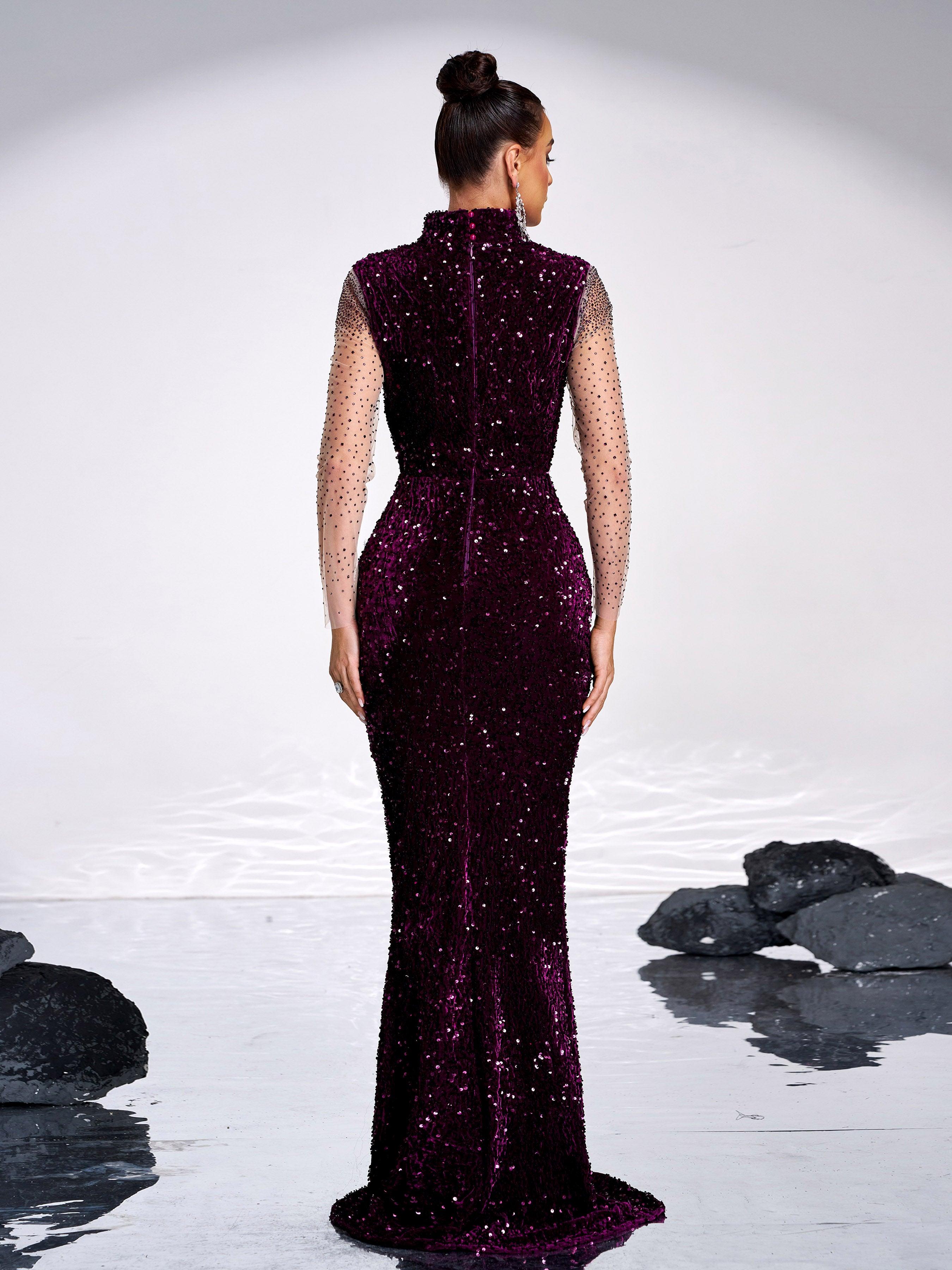 Sequin Panel Mesh Sleeve Mermaid Formal Dress GM00635 - MISS ORD