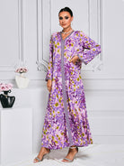 MISSORD V-Neck Flower Printed Purple Maxi Dress