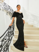 Panel Ruffle Sleeve Black Sequin Evening Dress RH30737