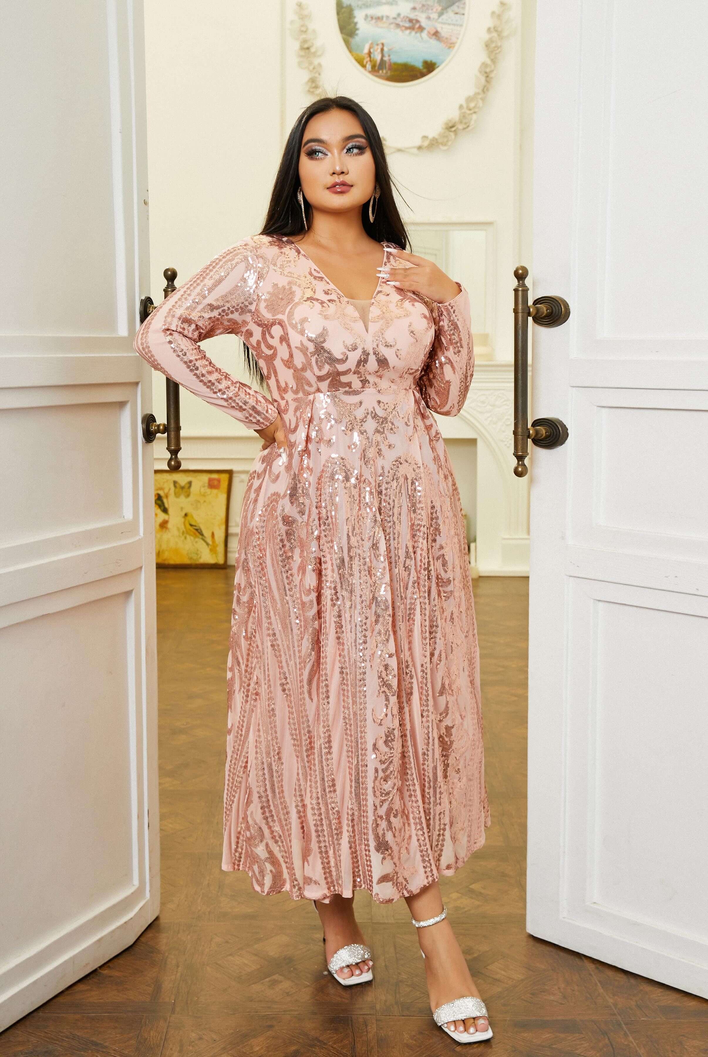 MISSORD Plus Size V-neck Long Sleeve Rosegold Sequin Prom Dress
