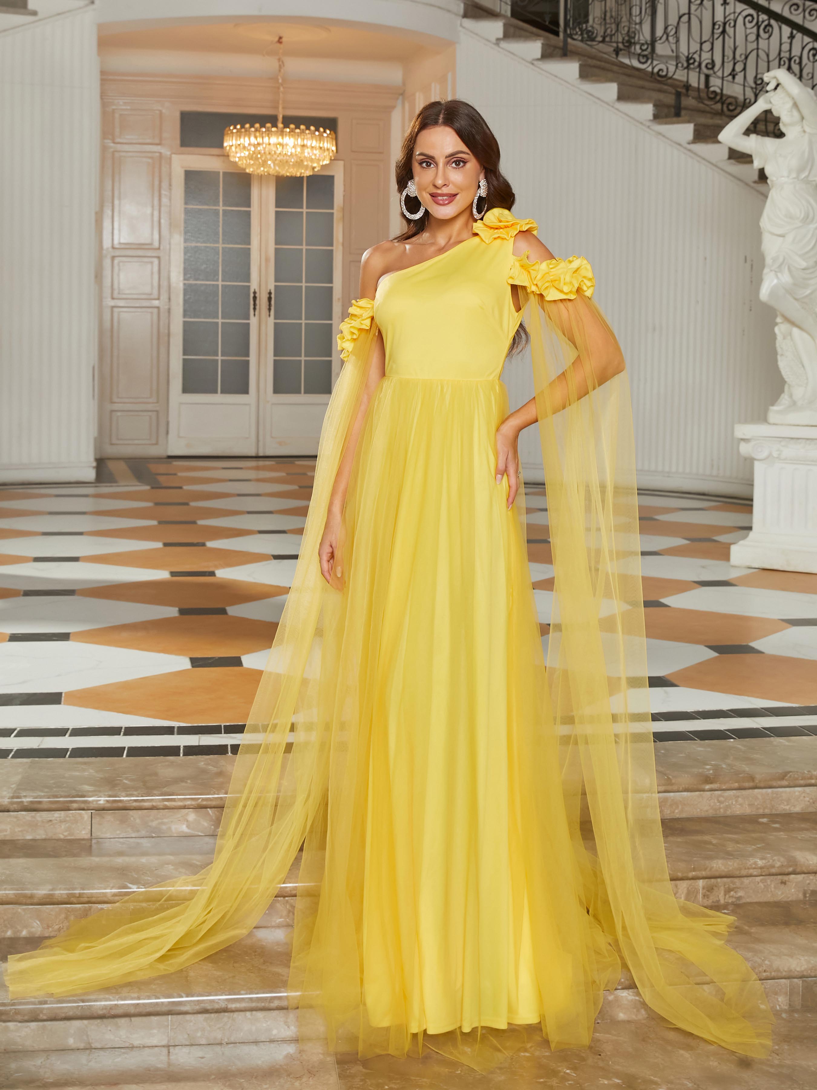 MISSORD One Shoulder Tulle Sleeveless Yellow Maxi Prom Dress