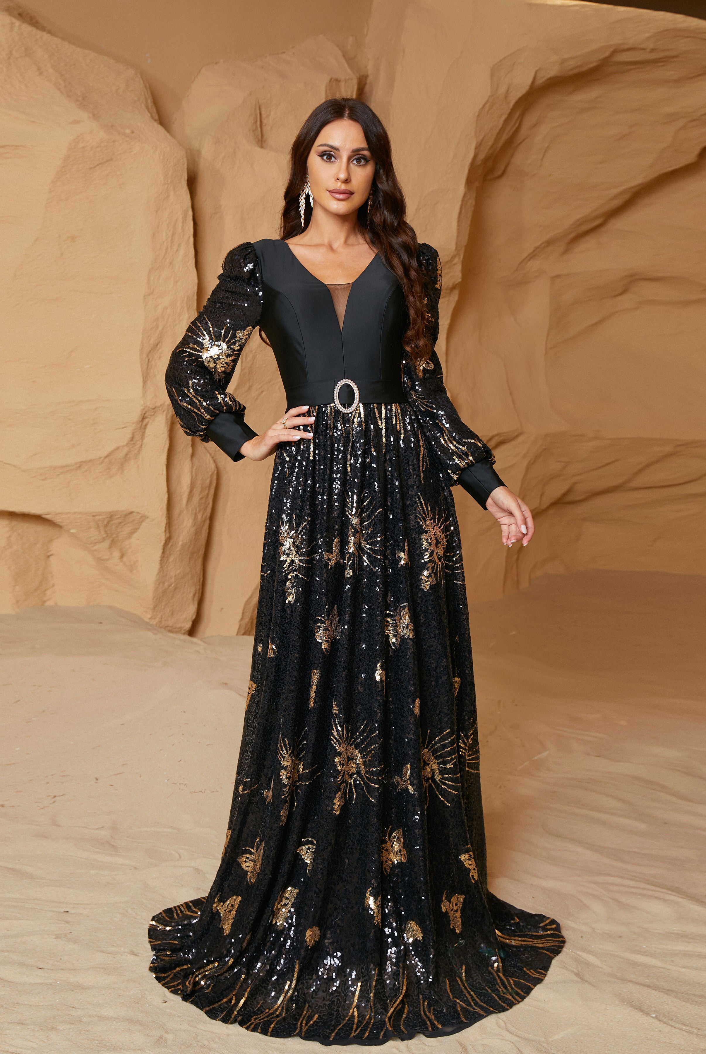 Formal V-Neck Sequin Black Ball Gown RM21074 - MISS ORD