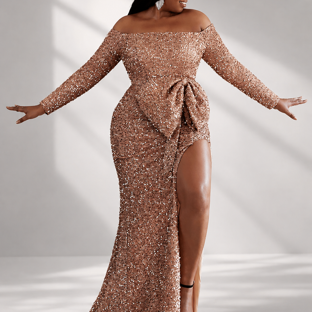 Plus Size Off The Shoulder Bow Knot Split Maxi Evening Dress PXH2122