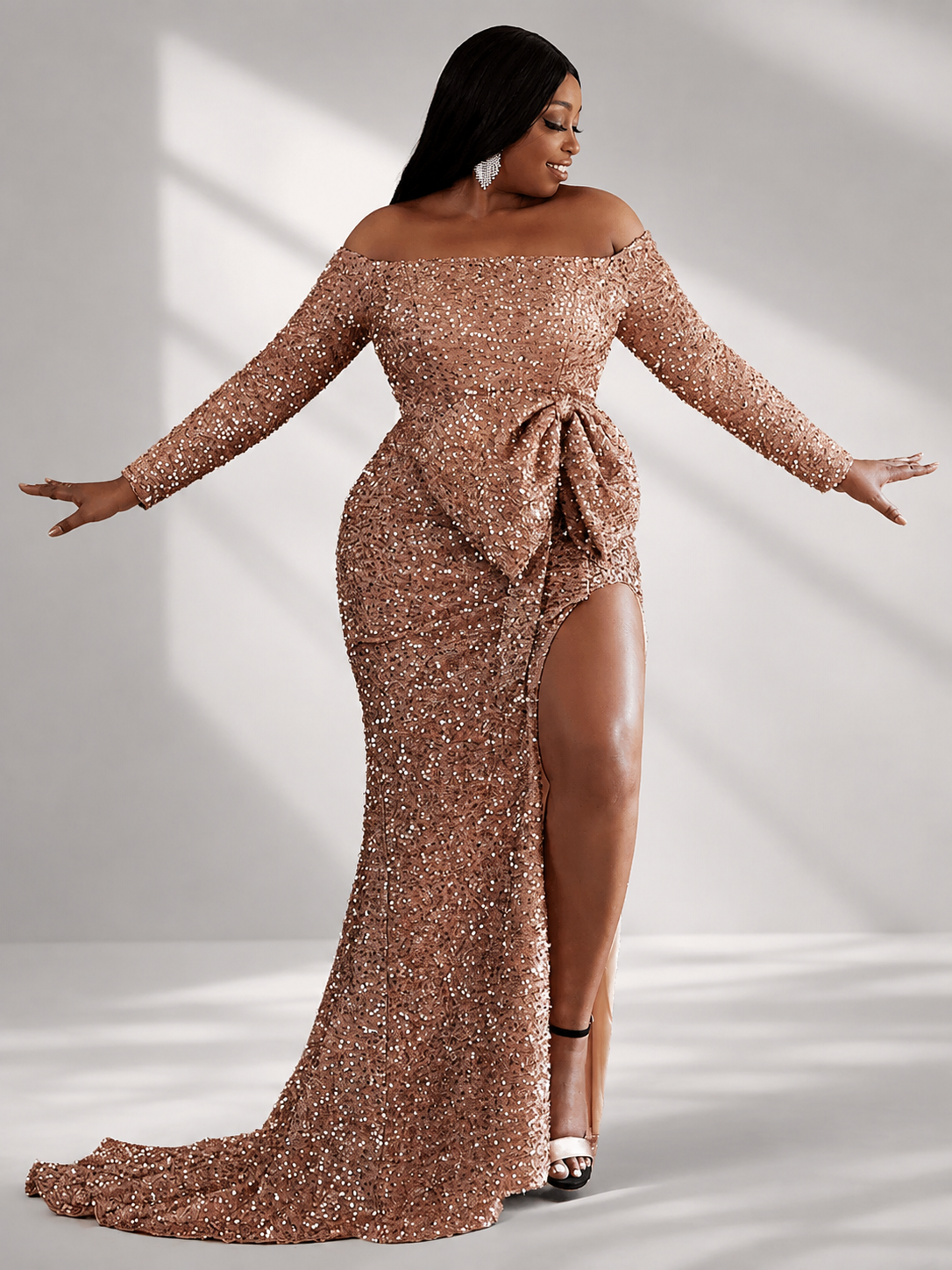 Plus Size Off The Shoulder Bow Knot Split Maxi Evening Dress PXH2122
