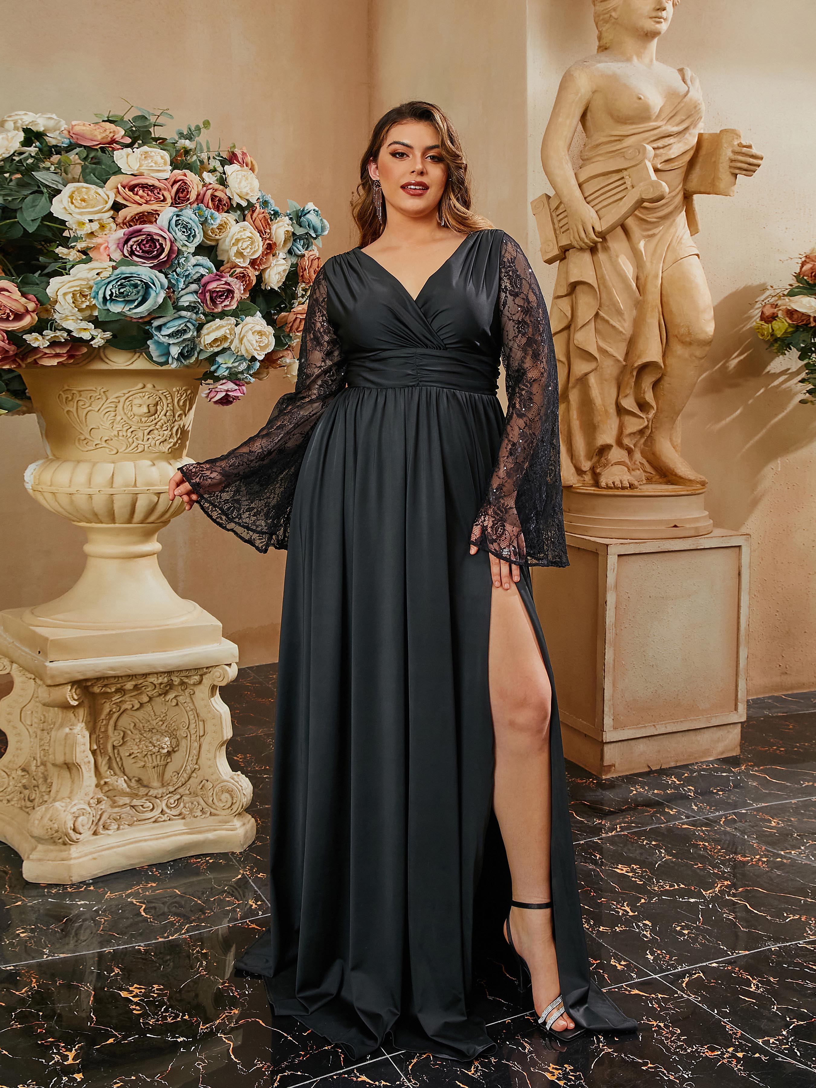 Plus Size Wrap Ruched Lace Sleeve Black Evening Dress