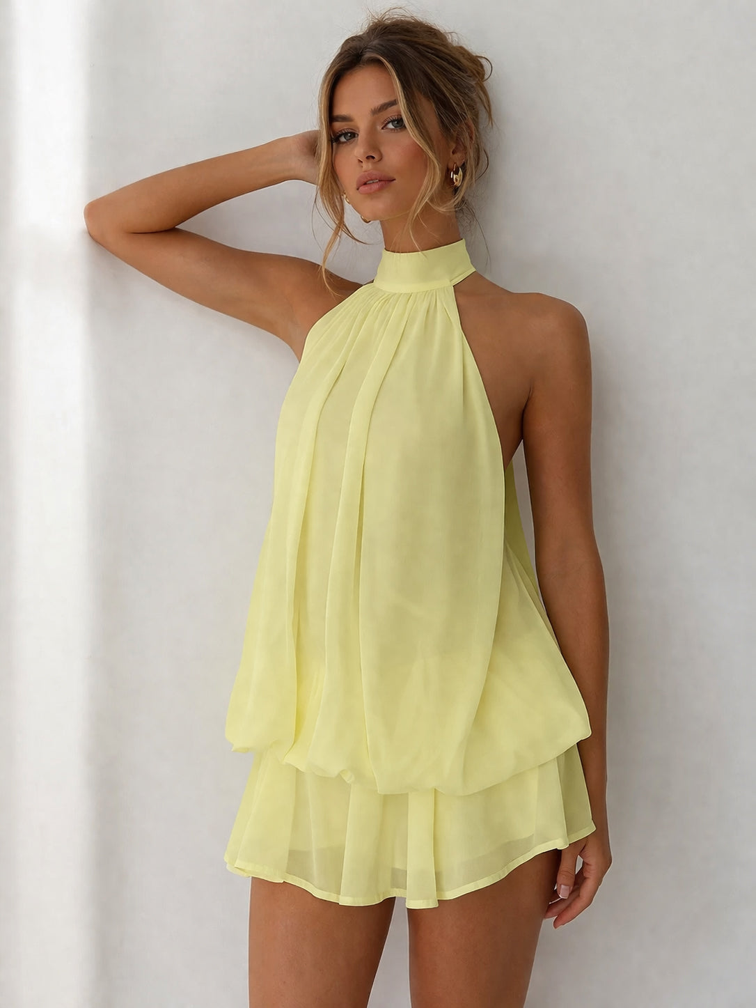 Halter Neck Ruffle Layered Mini Dress XF251328 - Apricot / S Halter Neck Ruffle Layered Mini Dress XF251328 - Apricot / S
