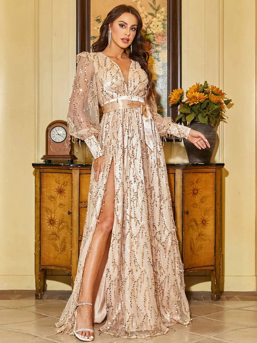 Sequin Fringed Bowknot Long Sleeve Slit Thigh Prom Dress M02086