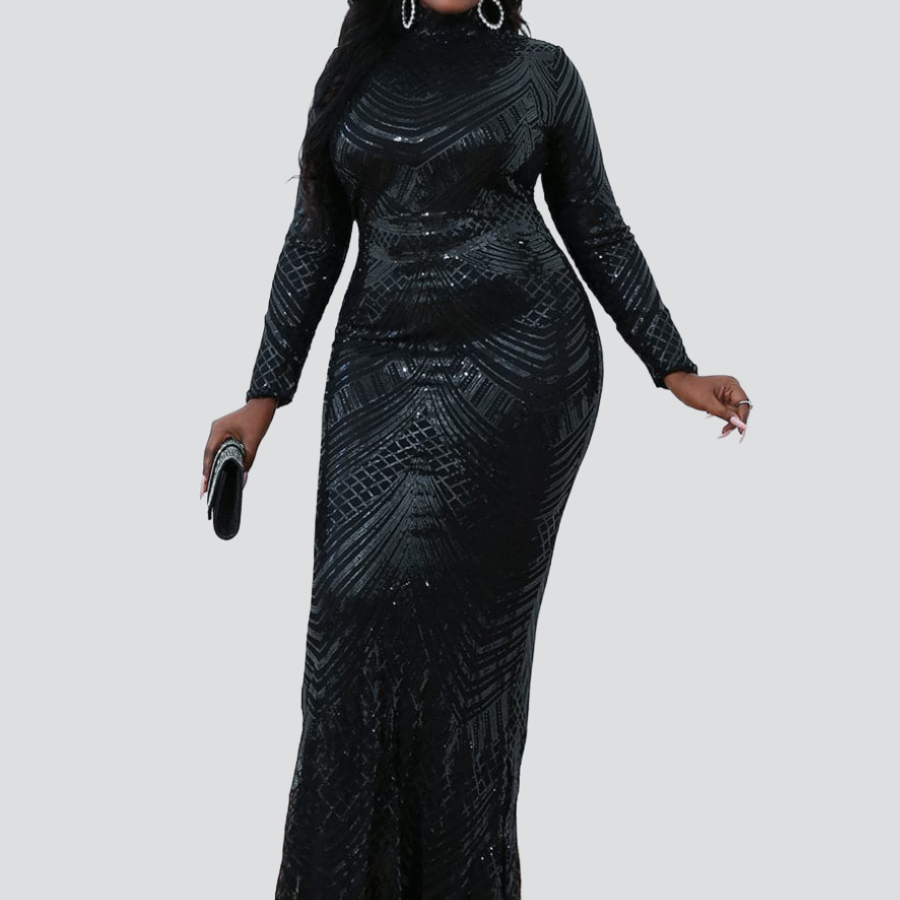 Plus Size Turtleneck Formal Mermaid Sequin Black Prom Dress