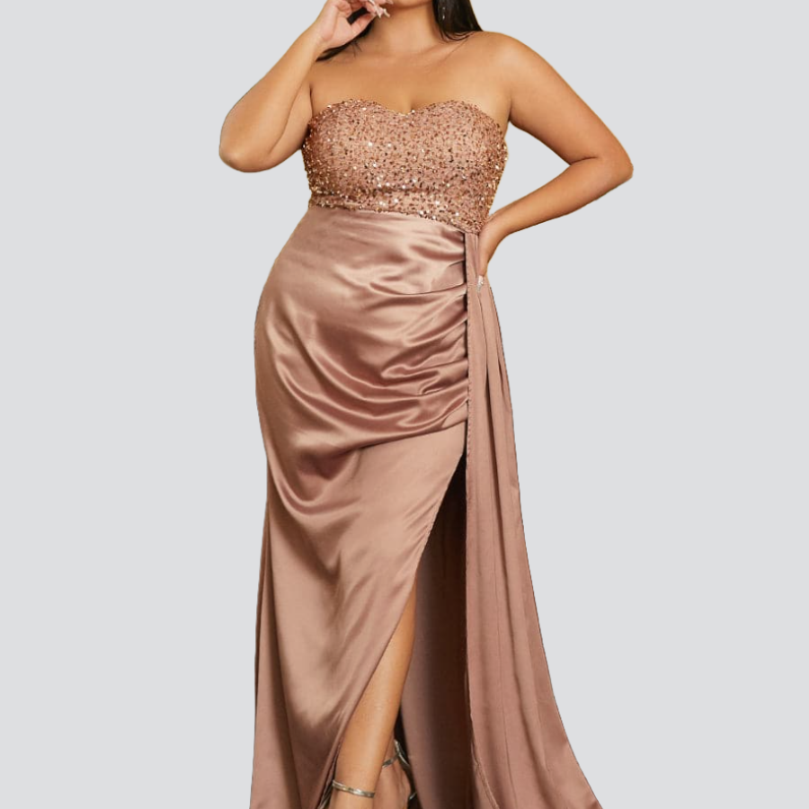 Plus Size Strapless Satin Split Brown Prom Dress