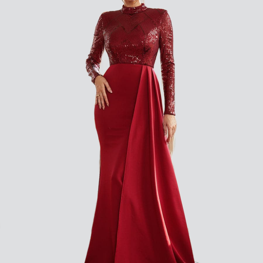 Formales, drapiertes A-Linien-Abendkleid mit langen Ärmeln und Pailletten in Rot M02153