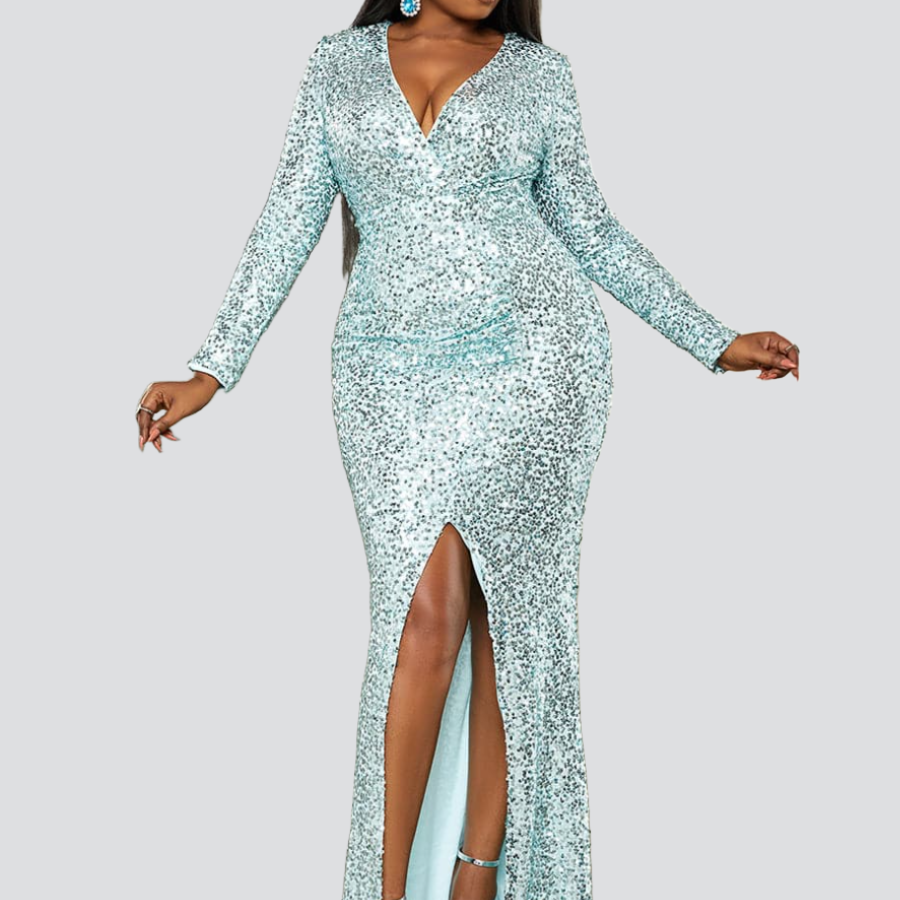 Plus Size Wrap Sequin Long Sleeve Prom Dress PXJ431