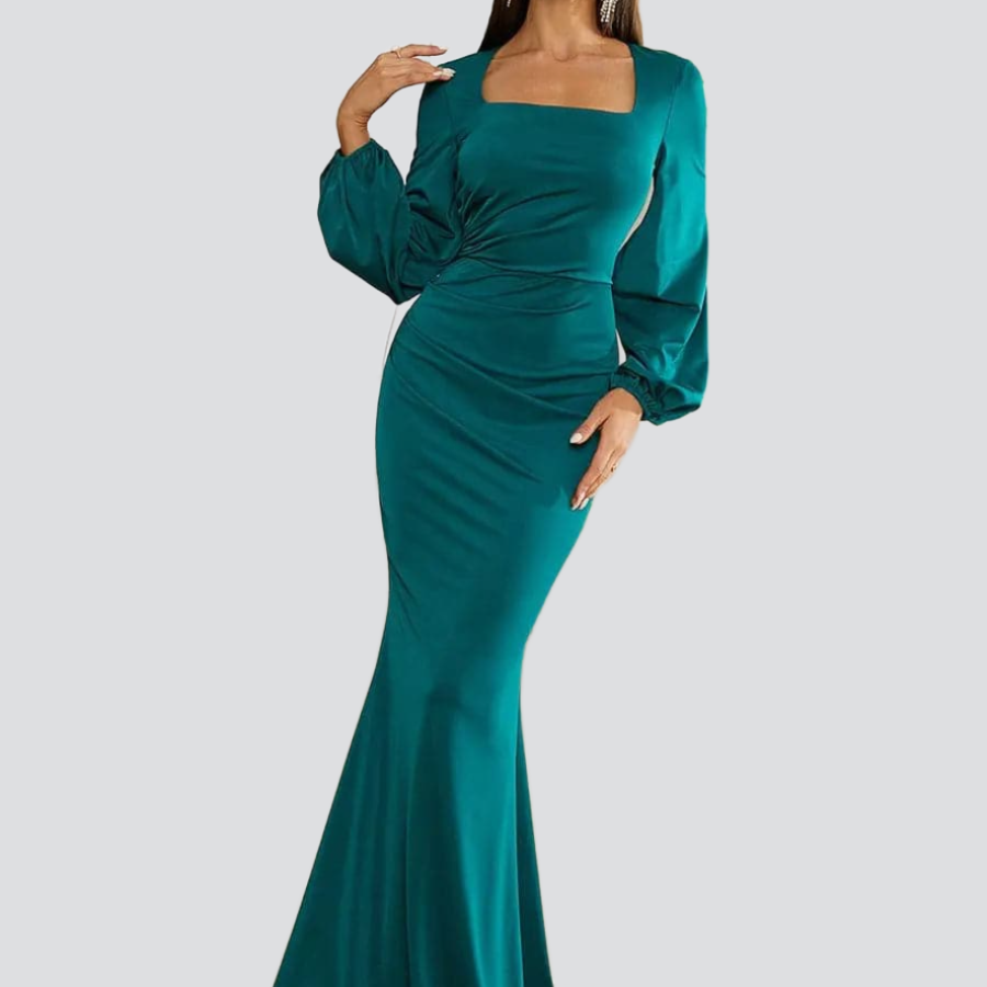 Bishop Sleeve Square Neck Green Mermaid Knit Prom Dress