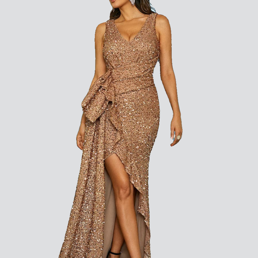 Draped Asymmetric Gold Sequin Floor Length Prom Dress