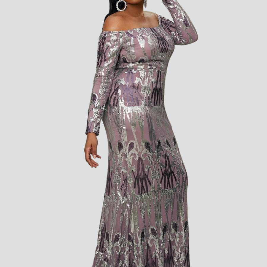 Plus Size Off Shoulder Maxi Sequin Purple Mermaid Evening Dress