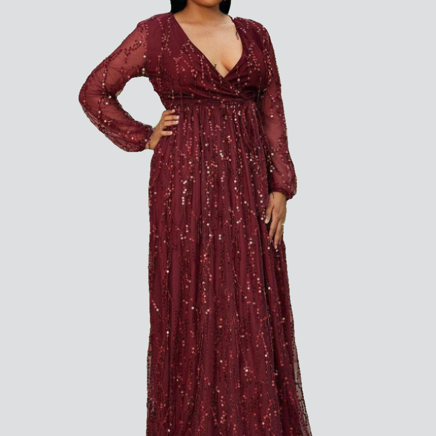 Plus Size V Neck Mesh Sleeve Red Maxi Sequin Formal Dress