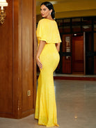 Puncho Back Puff Sleeve Yellow Sequin Evening Dress XH2266