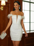 Off-Shoulder Feather Ruched Bodycon Sequin Cocktail Dress XJ2863