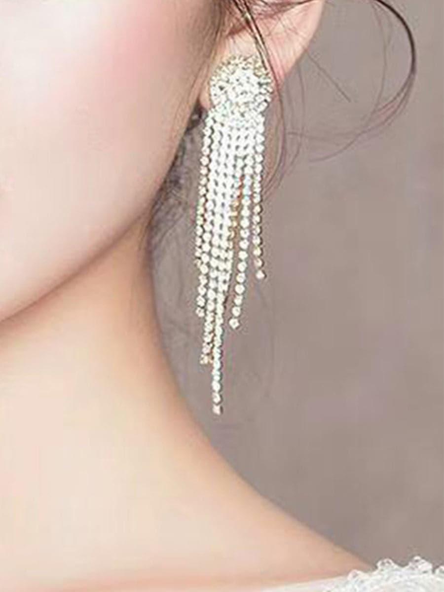 Missord Metal Inlay Rhinestone Tassel Earrings MSE101074 - MISS ORD