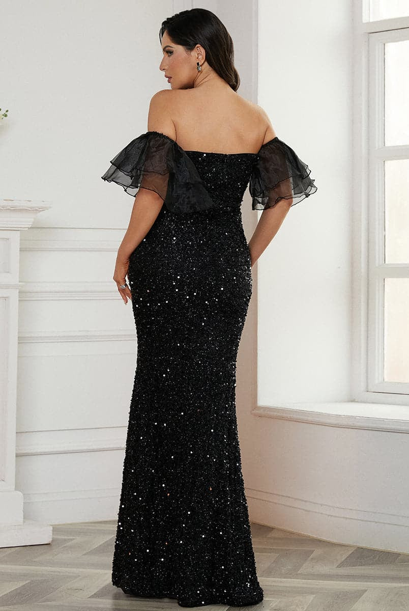 Off Shoulder Black Sequin Prom Dress WY69