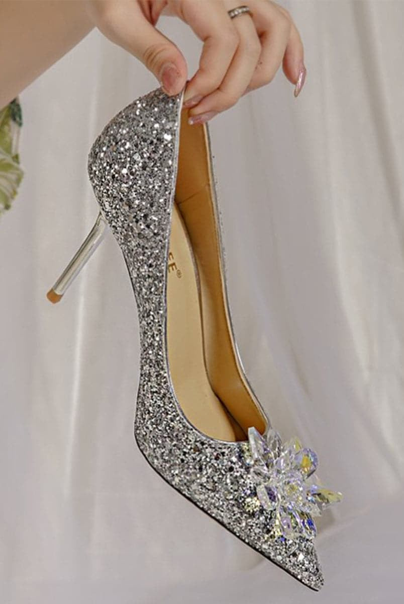 Shine Inlay Crystal Flower Banquet Wedding Thin High Heels MHE1047