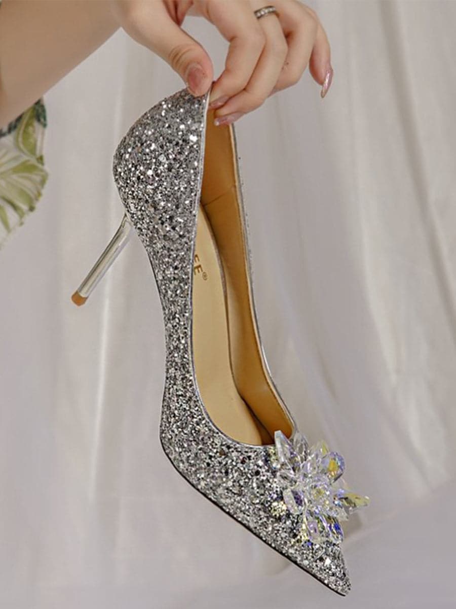 Shine Inlay Crystal Flower Banquet Wedding Thin High Heels MHE1047