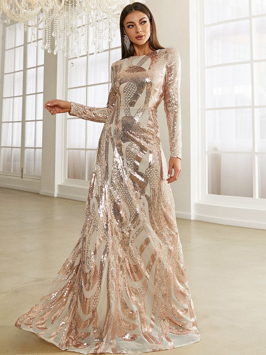Long Sleeve Sequin Apricot Evening Dress XJ1494 MISS ORD