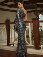 Black One Shoulder Long Sleeve Sequin Prom Dress XJ2196