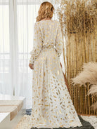 Missord Surplice Neck Belted Split Thigh Gold Feather Print Dress FT2858