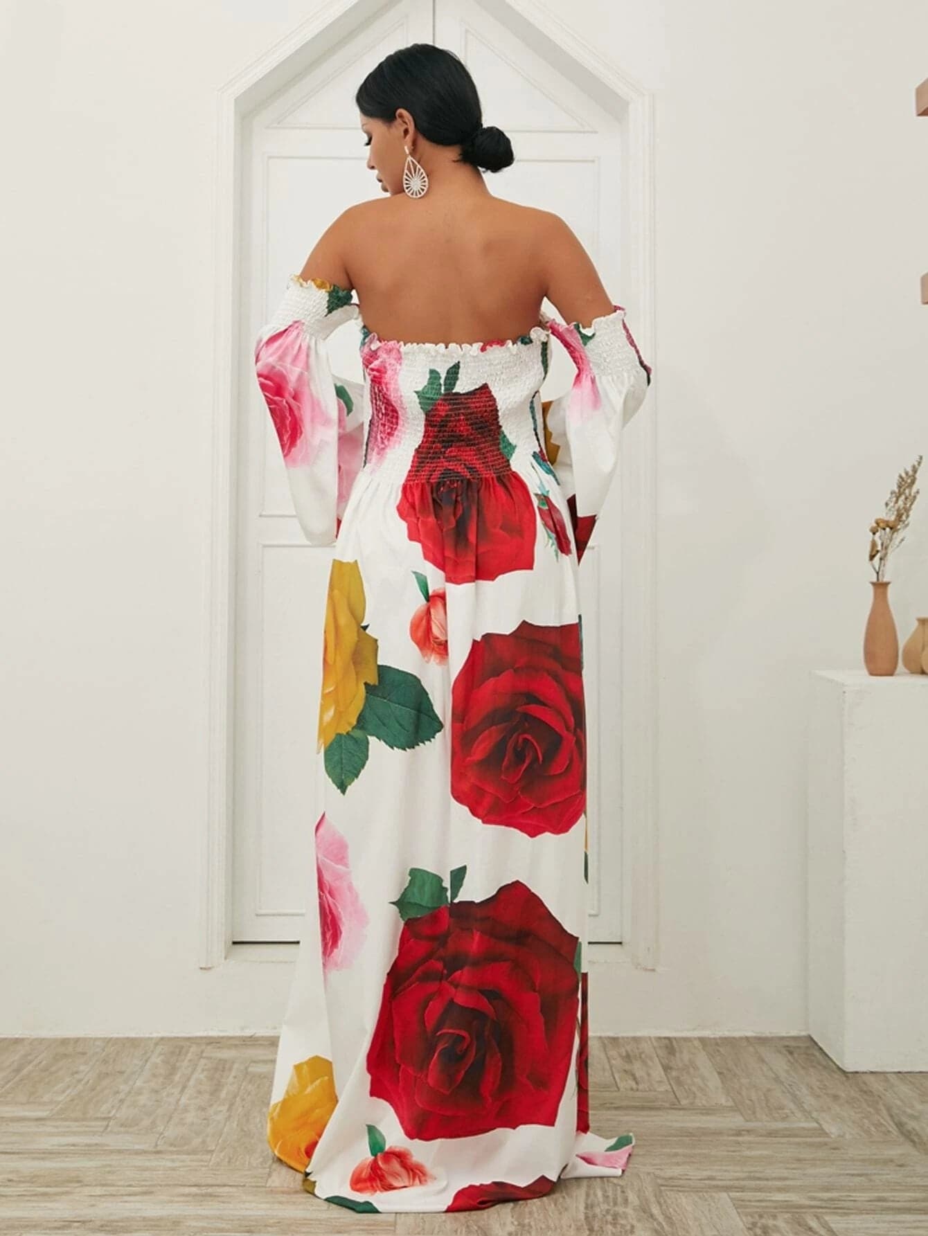 Missord Off Shoulder Shirred Rose Print Maxi Dress FT18421 MISS ORD