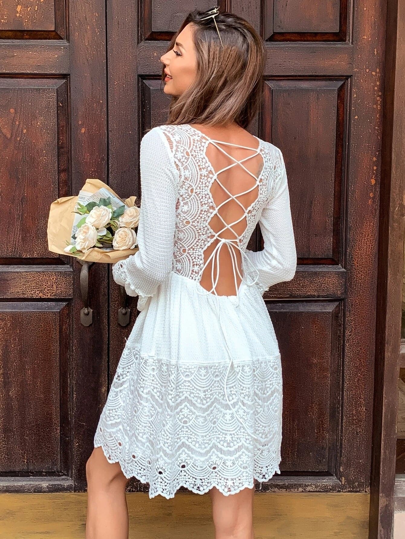 MISSORD Elegant Sexy Lace Flare Sleeve Backless Dress FT8251