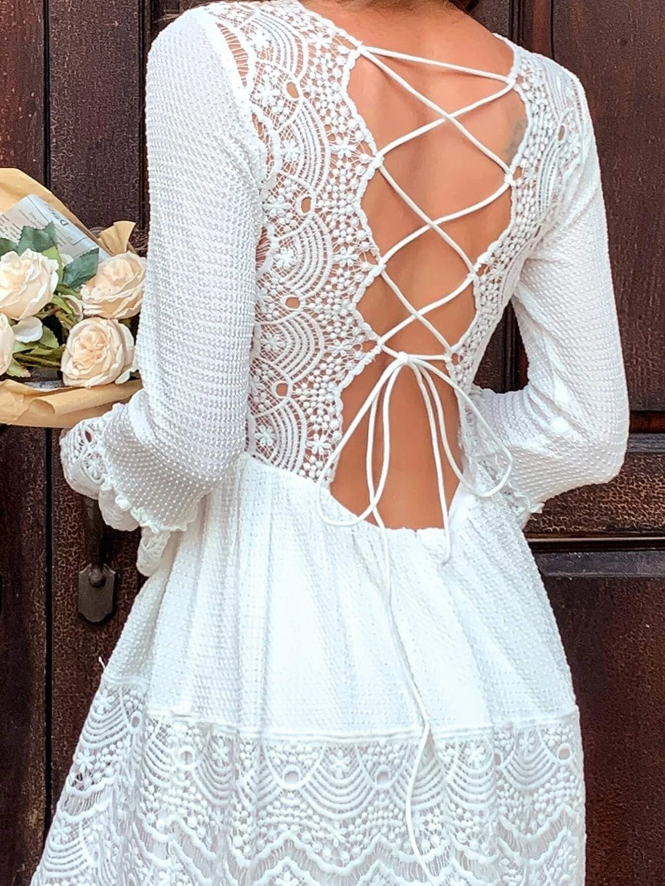 MISSORD Elegant Sexy Lace Flare Sleeve Backless Dress FT8251 MISS ORD