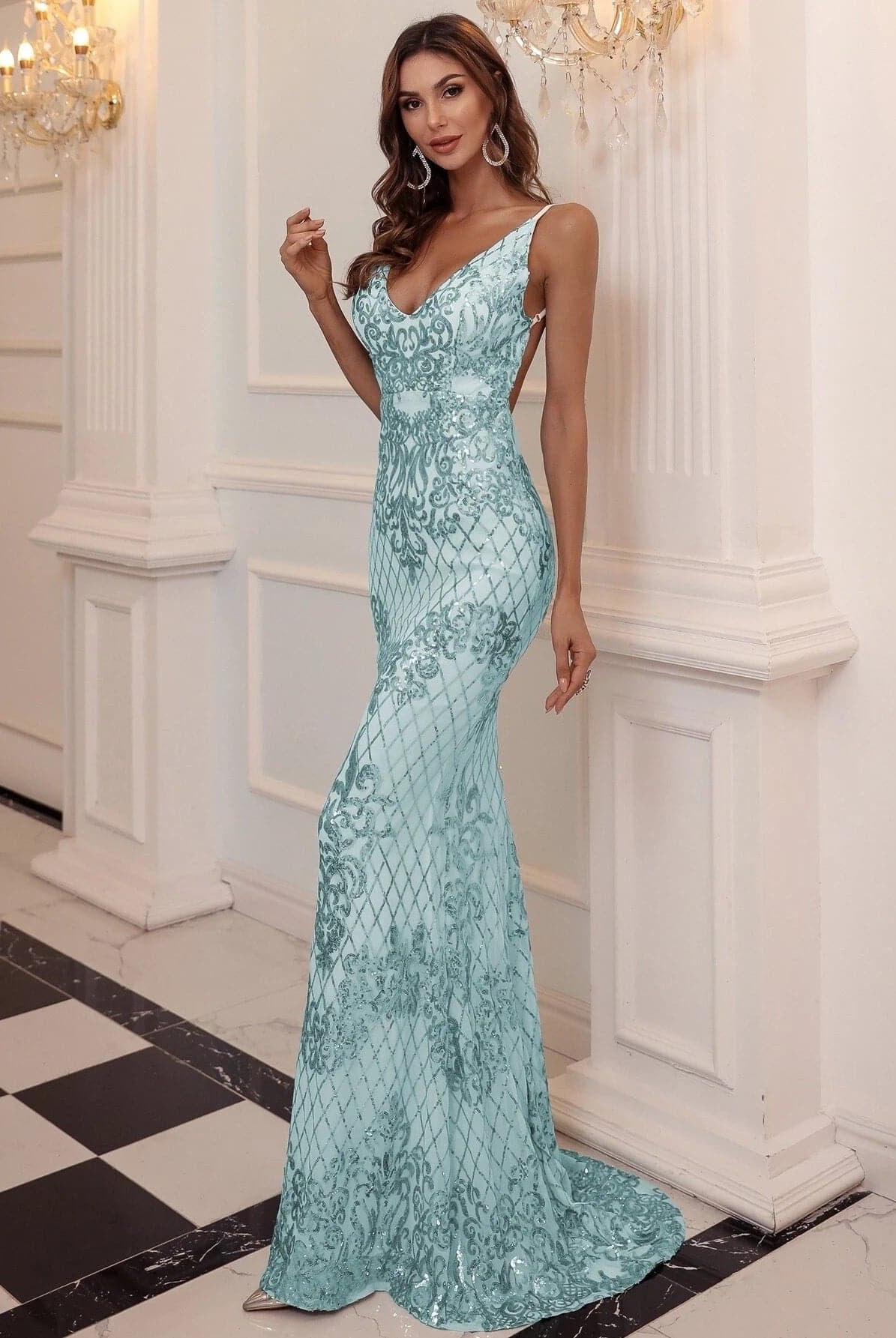 Glitter Mermaid Backless Spaghetti Evening Dress M0645