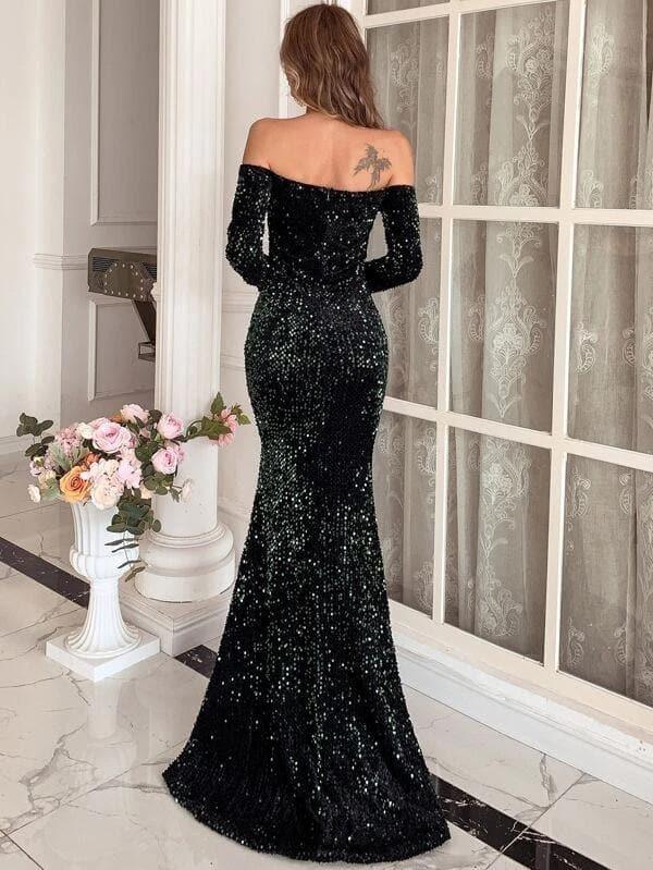 Off Shoulder Mesh Insert Split Sequin Prom Dress M0806 - MISS ORD