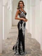 V Neck Mesh Sequin Mermaid Prom Dress M01080