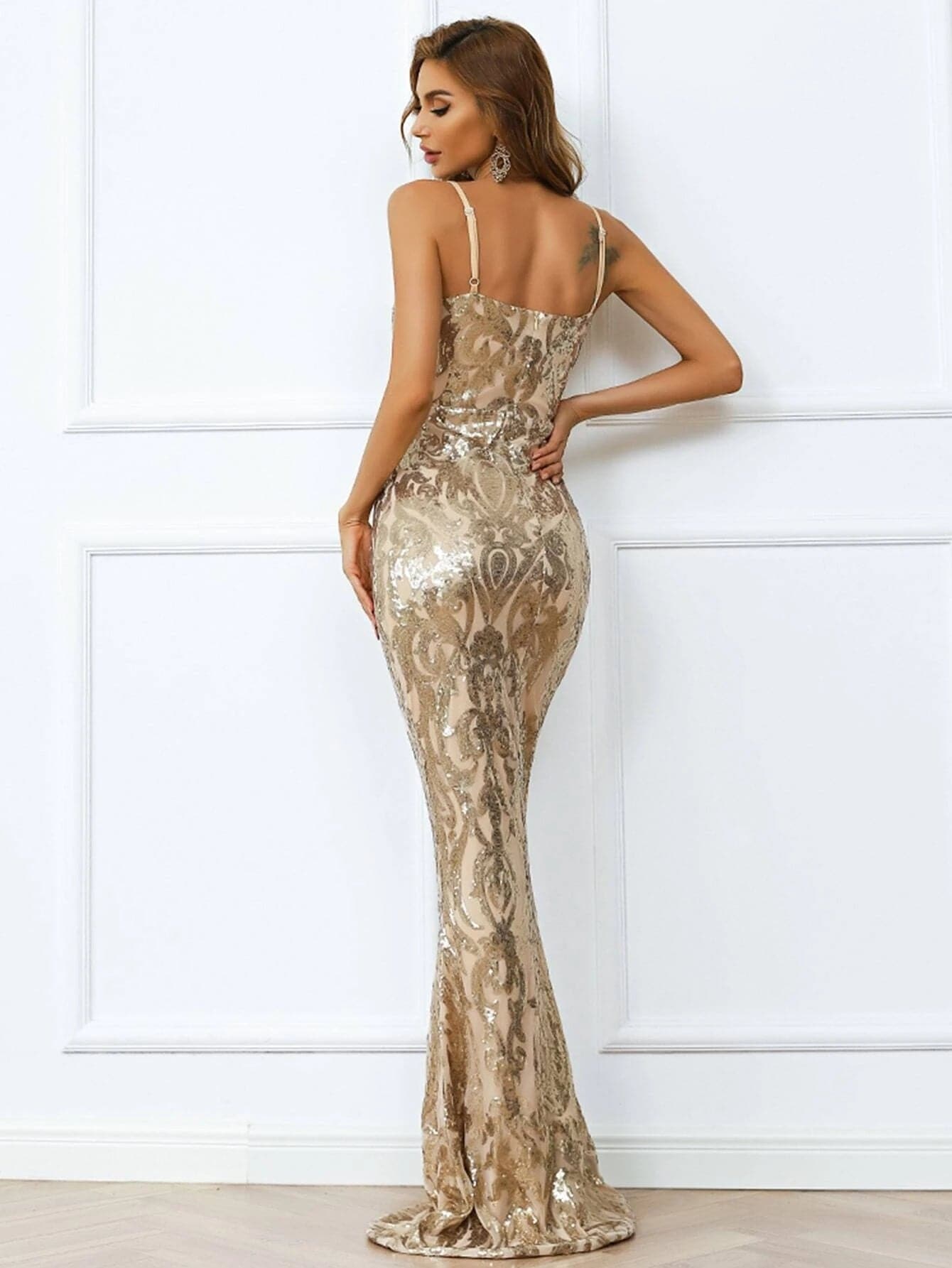 Strap V Neck Mermaid Sequin Maxi Prom Dress M0808 MISS ORD