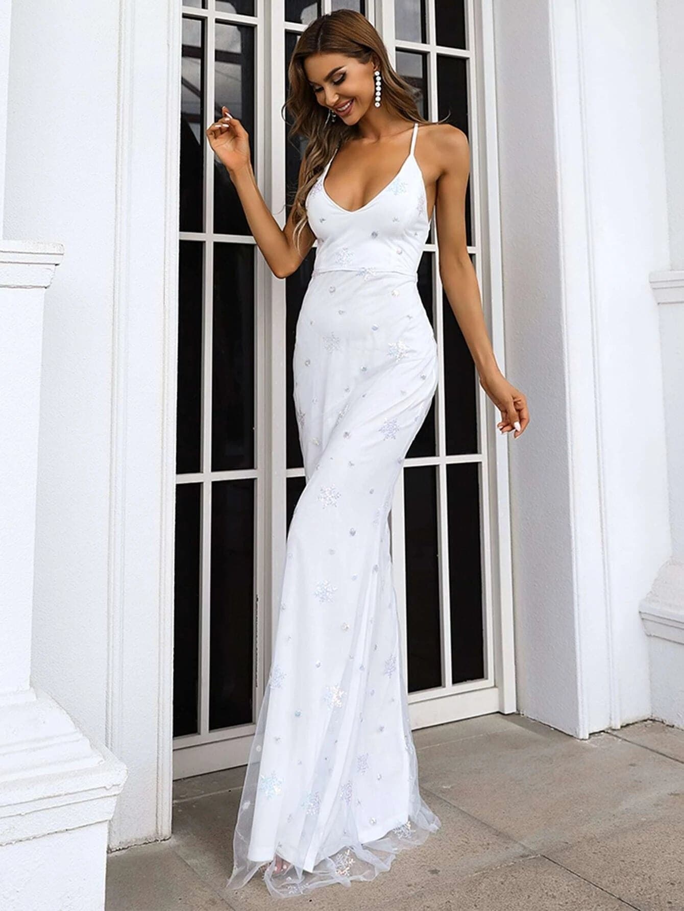 Strap Lace Up Backeless Mesh Prom Dress M01755