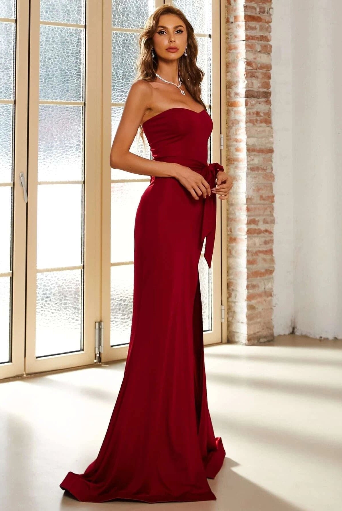 Split Thigh Belted Floor Length Tube Red Prom Dress XJ198