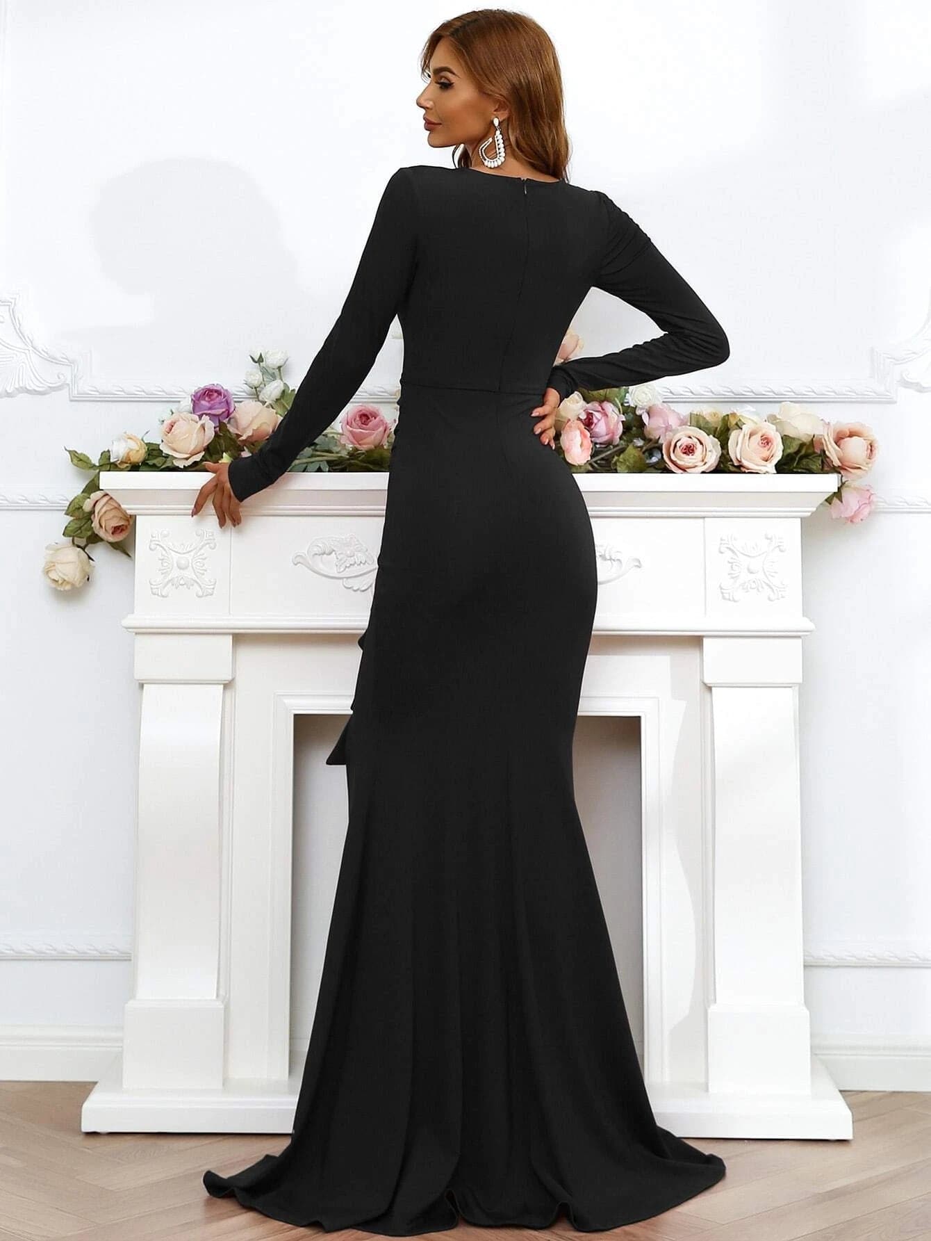 Draped Ruffle Trim Long Sleeve Black Mermaid Black Prom Dress XH1272 MISS ORD