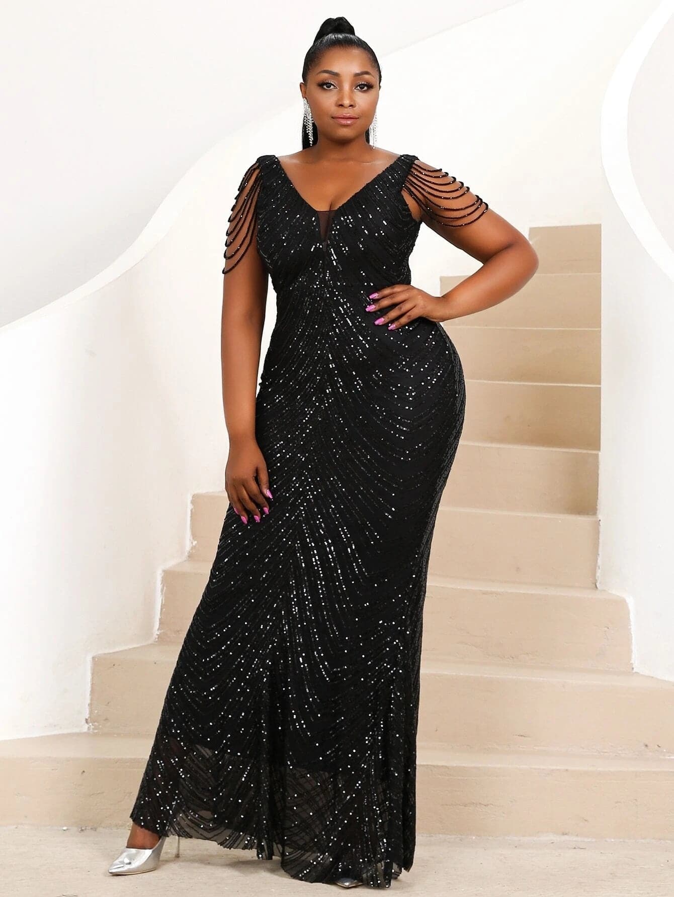 Plus Size Mesh Panel Black Sequin Prom Dress P0133 MISS ORD