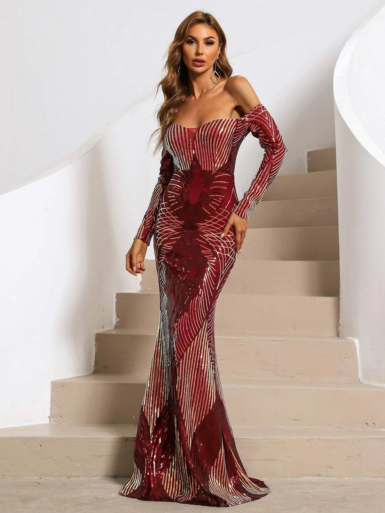 Mermaid Sequin Off Shoulder Maxi Red Formal Dress XH1335 MISS ORD