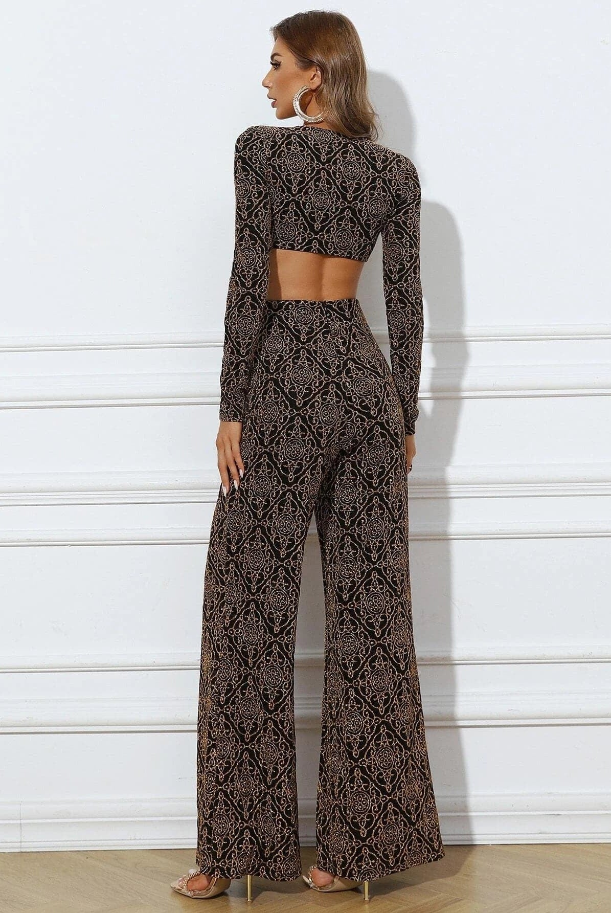 Sexy Cut-Out Wide Leg Long Sleeve Multicolor Jumpsuit XH1376 MISS ORD