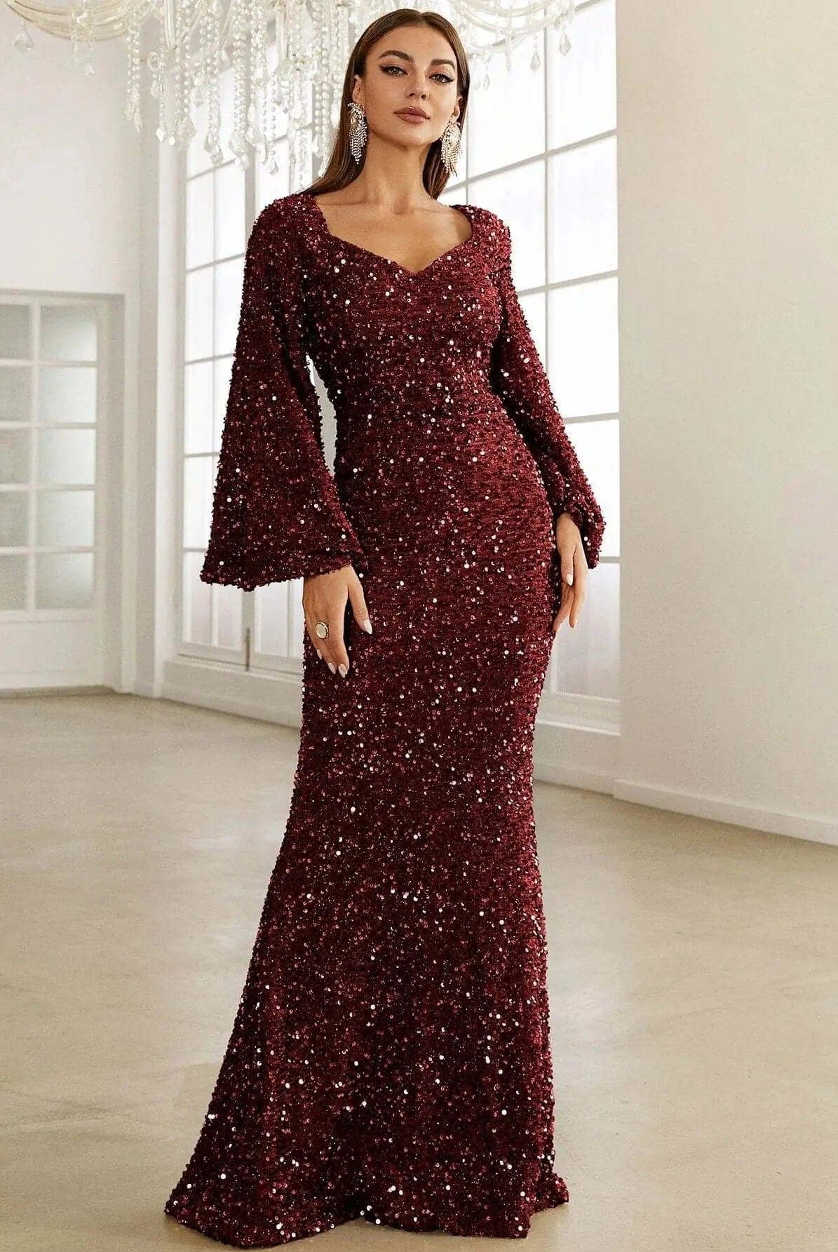 Glitter Bell Sleeve Mermaid Sequin Prom Dress M02010