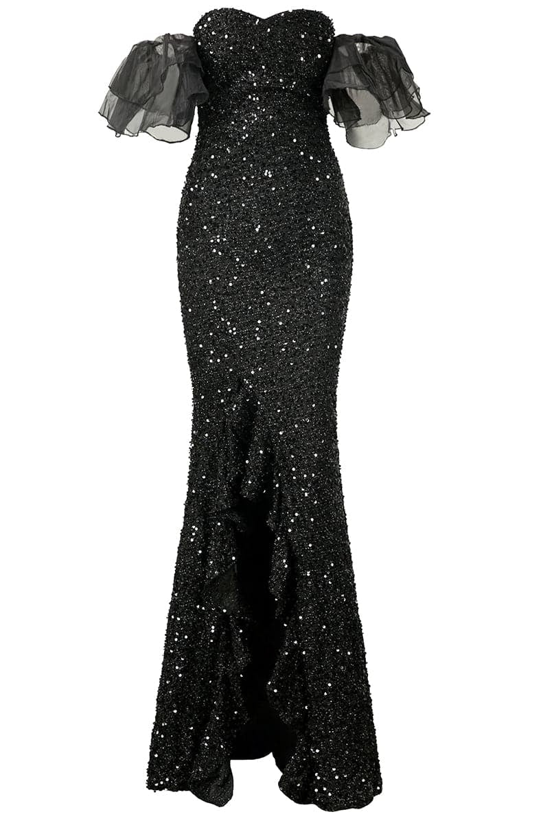 Off Shoulder Black Sequin Prom Dress WY69