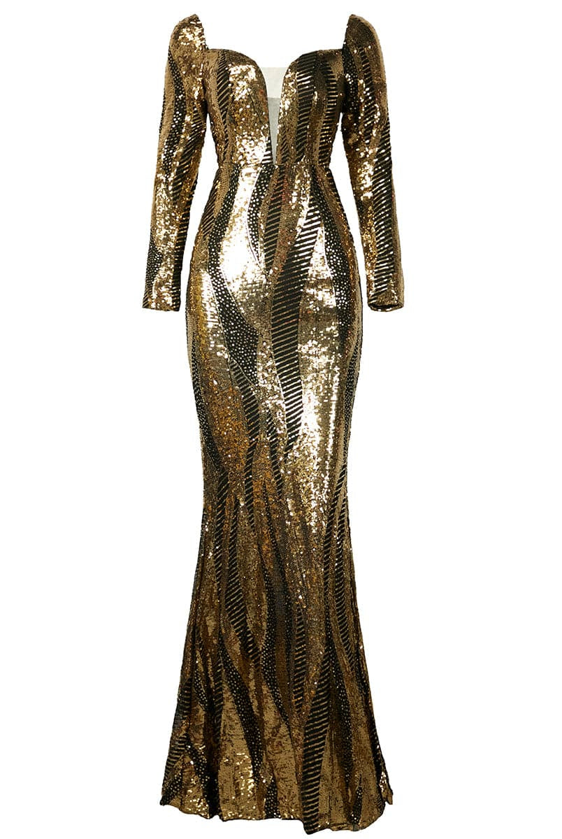 Mesh Insert Geo Sequin Mermaid Hem Gold Maxi Prom Dress M0837