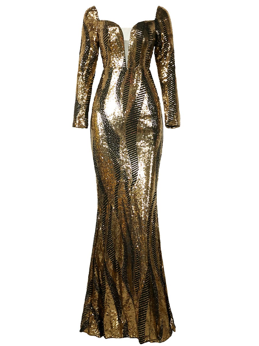 Mesh Insert Geo Sequin Mermaid Hem Gold Maxi Prom Dress M0837